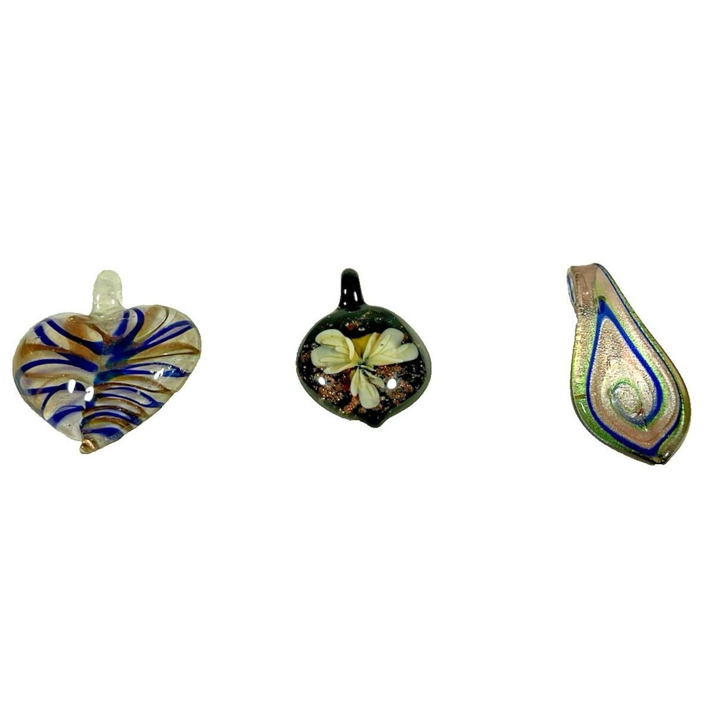 3 Art Glass Pendants & Necklace Artesian Made Hand Blown Fused Glass Jewelry EUC